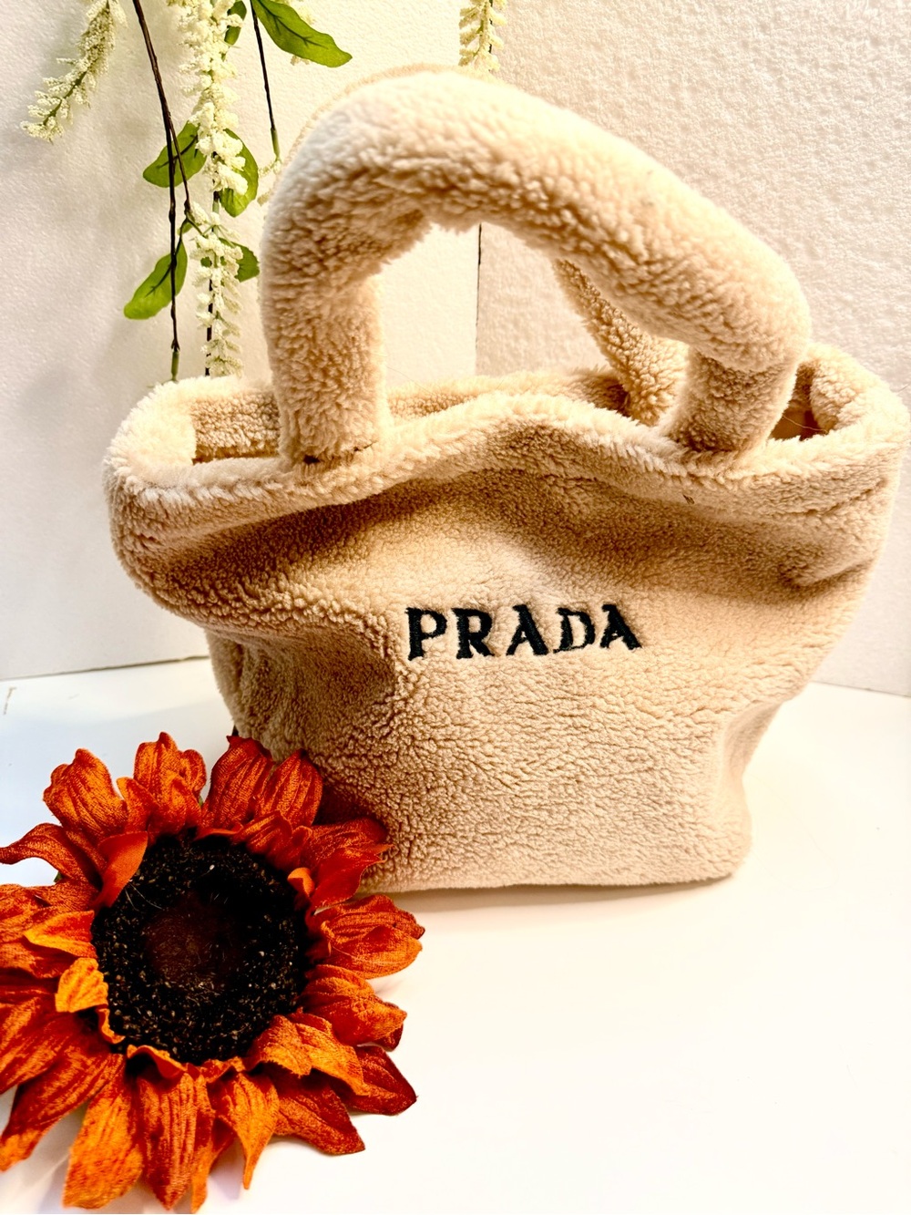 Prada Beige Shearling Tote Bag